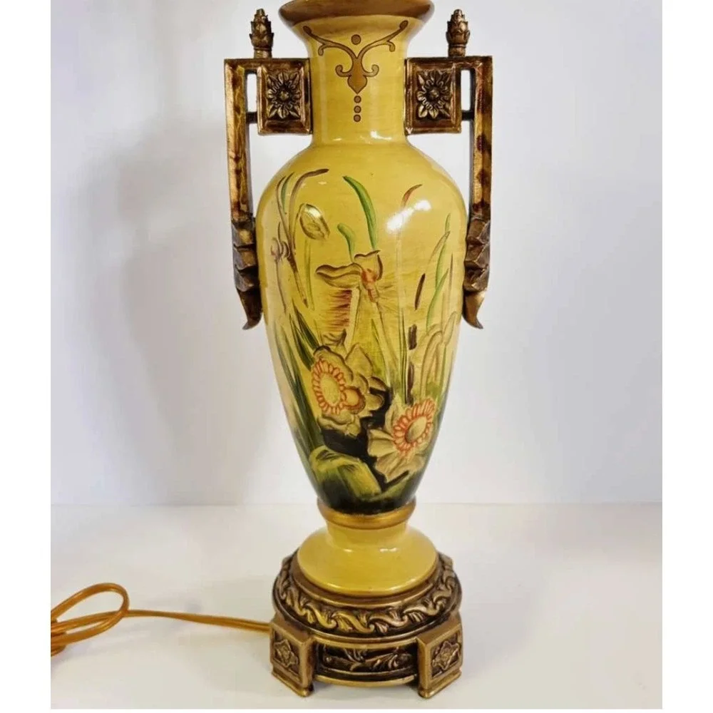 Vintage Berman Hand painted Lamp Yellow Gold Floral Design 25.5